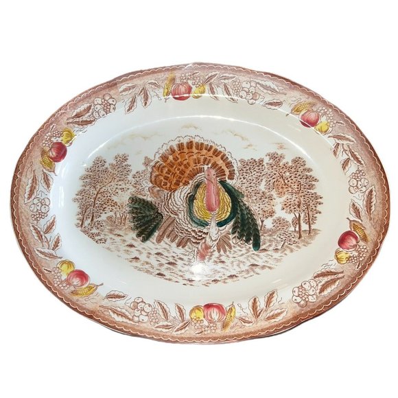 Vintage Xtra Large Turkey Platter Fruit Leaves Trees Brown Yellow Green Blue
